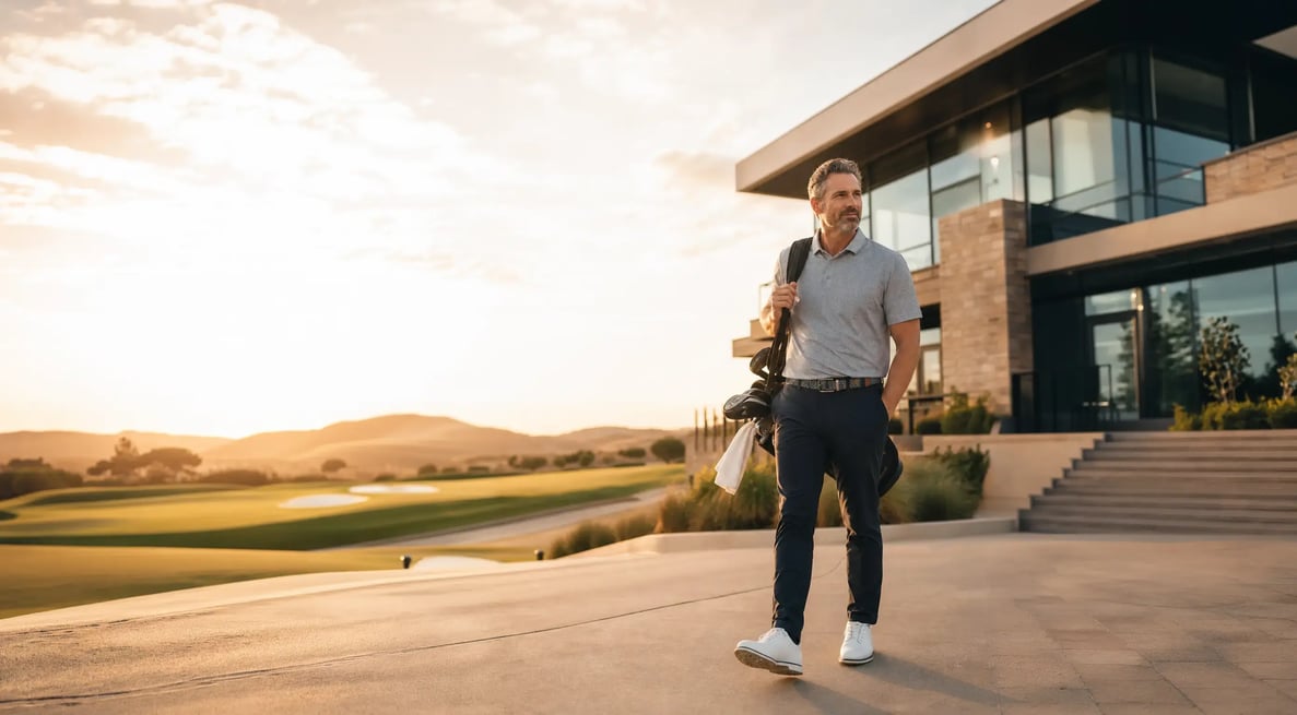 Confident man in his late 40s to early 50s walking toward an upscale modern golf club