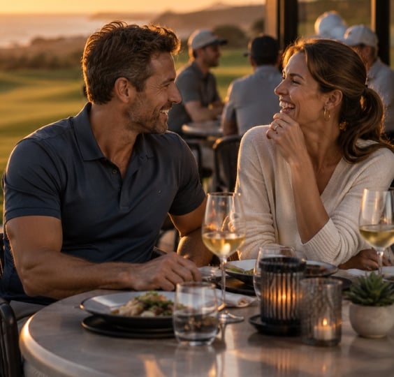 A couple talking and laughing together over dinner outdoors