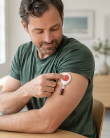 Man collecting a blood sample at home using an at-home lab kit