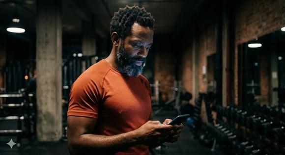 Man checking his health results on his phone at the gym
