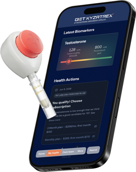 The Get KYZATREX app showing a testosterone lab result